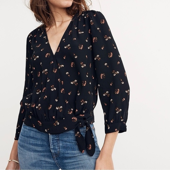 Madewell Tops - Madewell Black Floral Wrap Viscose Blouse Top in Flower Toss Size Small
